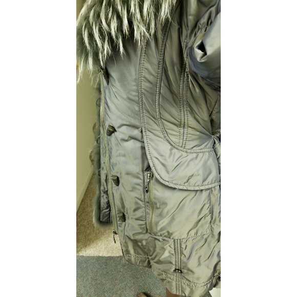 New Fur Trimmed Green Quilted Convertible Jacket Real Finland Racoon Rabbit Vest - Picture 14 of 16